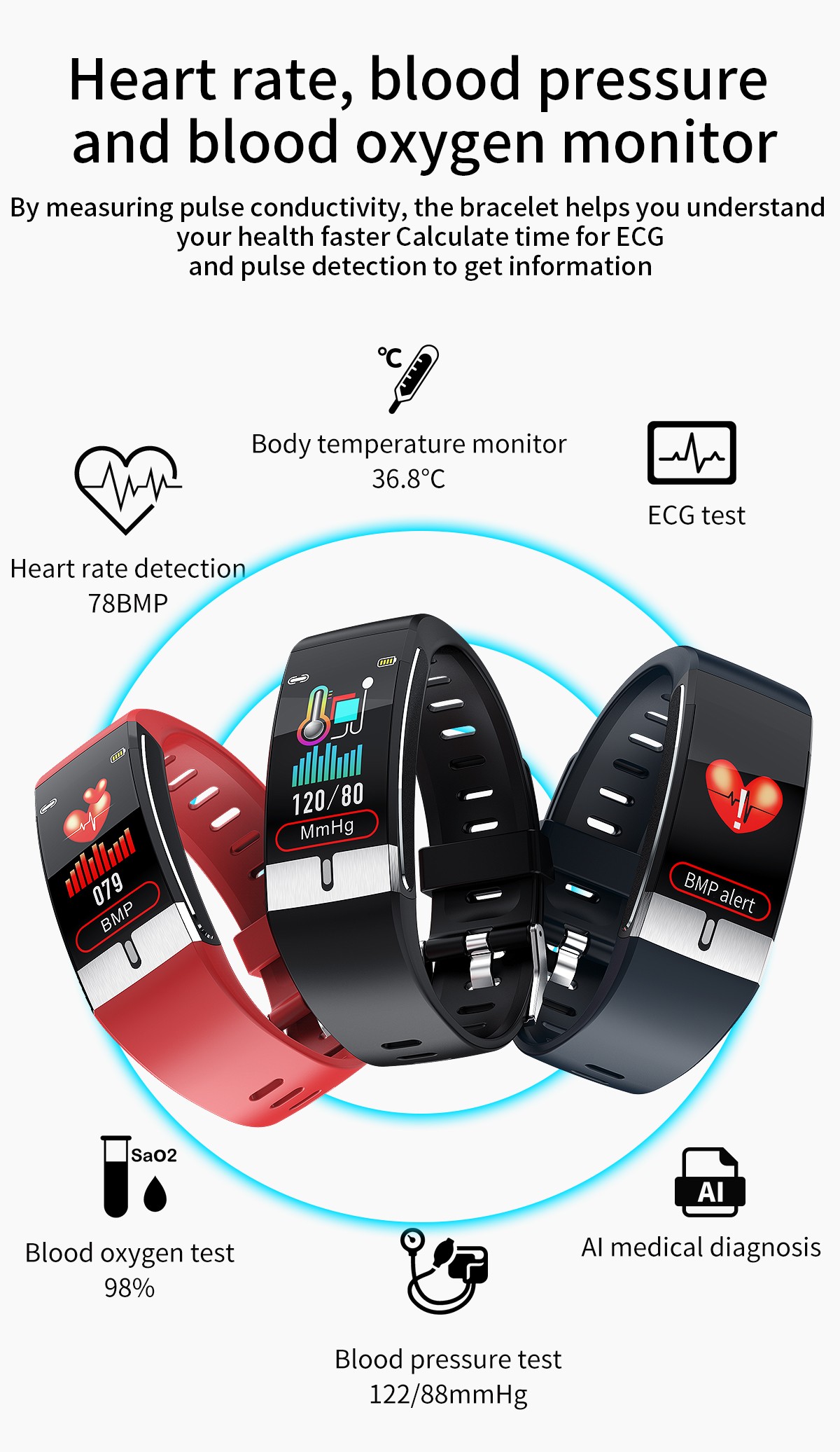 E66 Temperature Measure Smart Watch Heart rate, blood pressure and blood oxygen monitor