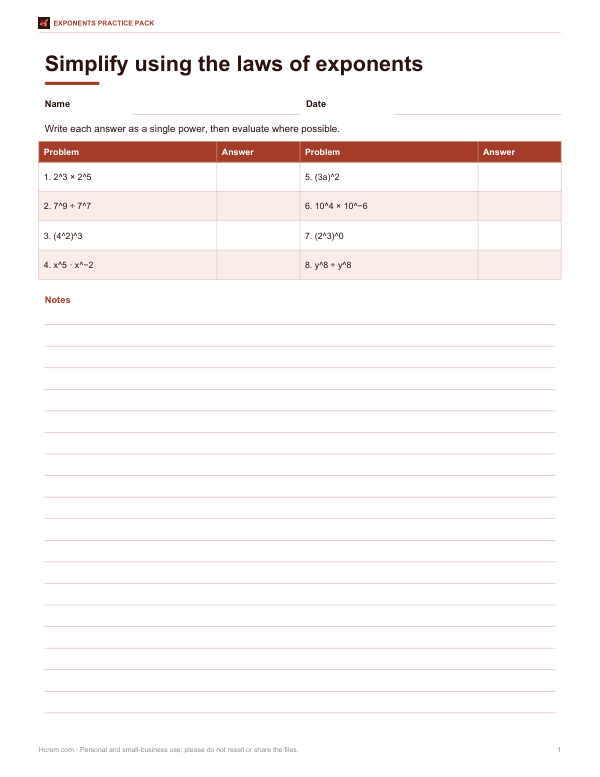 Preview of Printable Laws of Exponents Worksheet